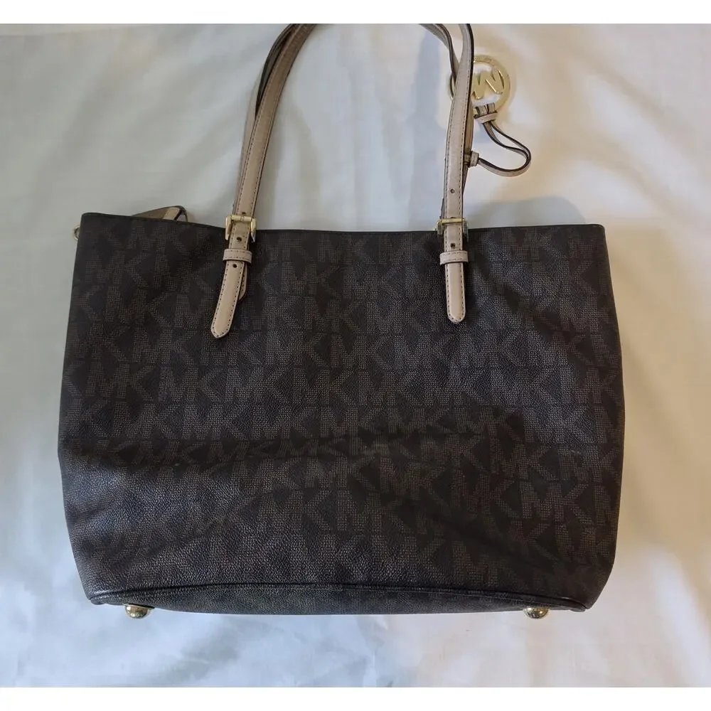 Michael Kors Jet Set Travel Signature Brown PVC Tote Shoulder Bag Front Pocket